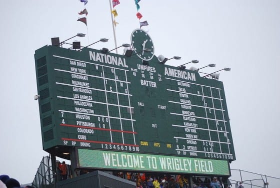 Wrigley Field Scoreboard Courtesy Scott R Anselmo, WikiCommons.