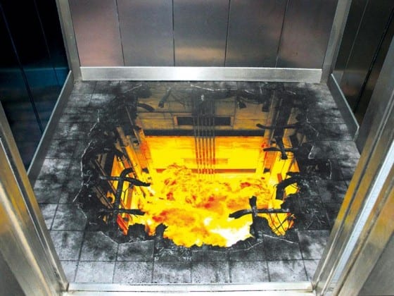 explosion hole in elevator floor graphic