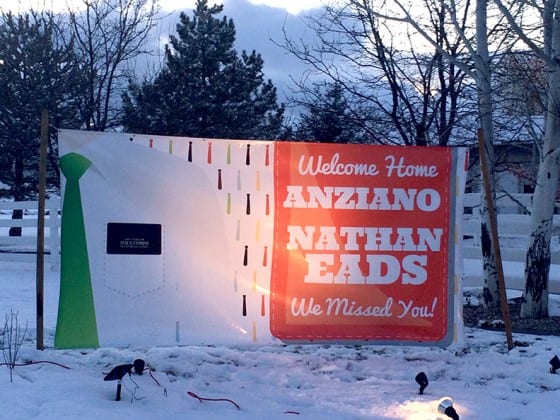 missionary banner lit up at night