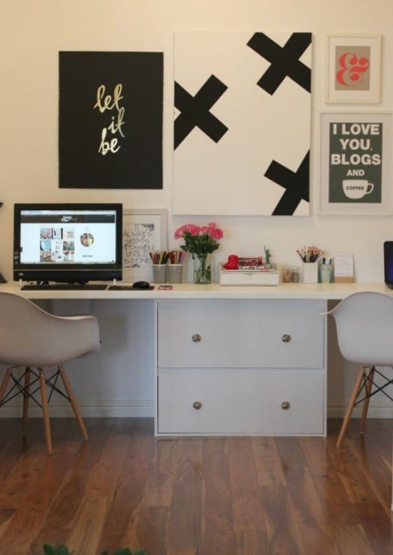 office desk with canvas prints