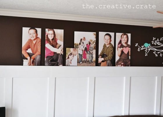 living room batten board with prints