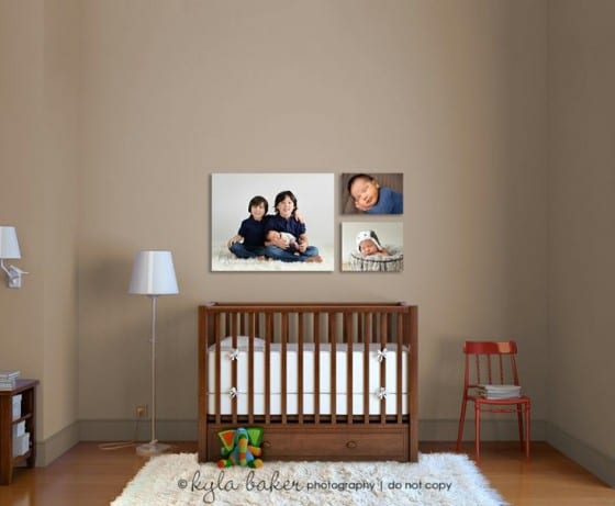 newborn and older prints above crib