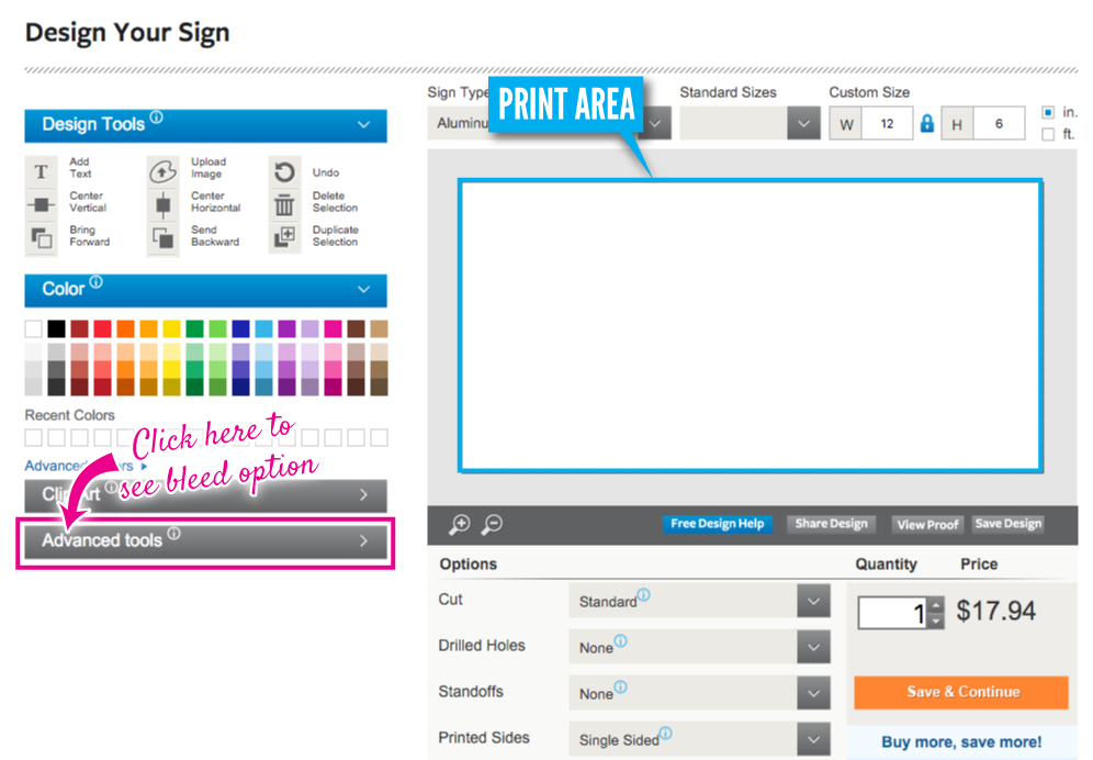 Design tool without bleed enabled