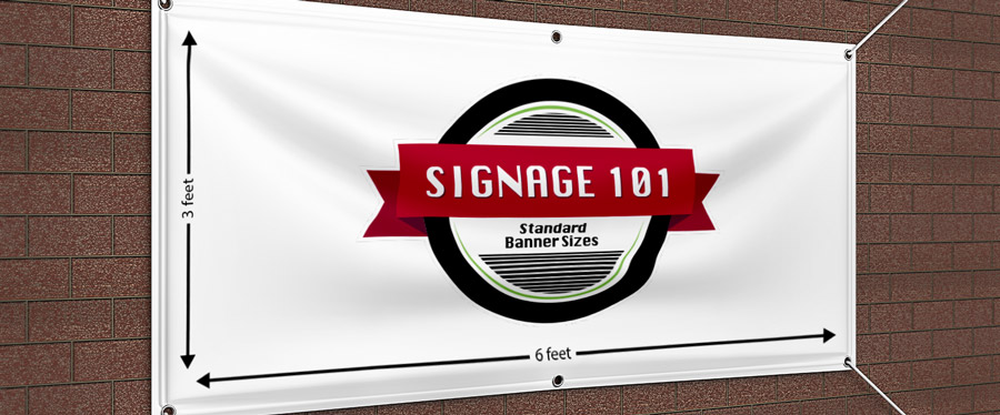 Vinyl banner hanging on wall showing standard vinyl banner size and title logo