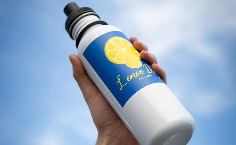 Restaurant Promotional Sticker on a Water Bottle