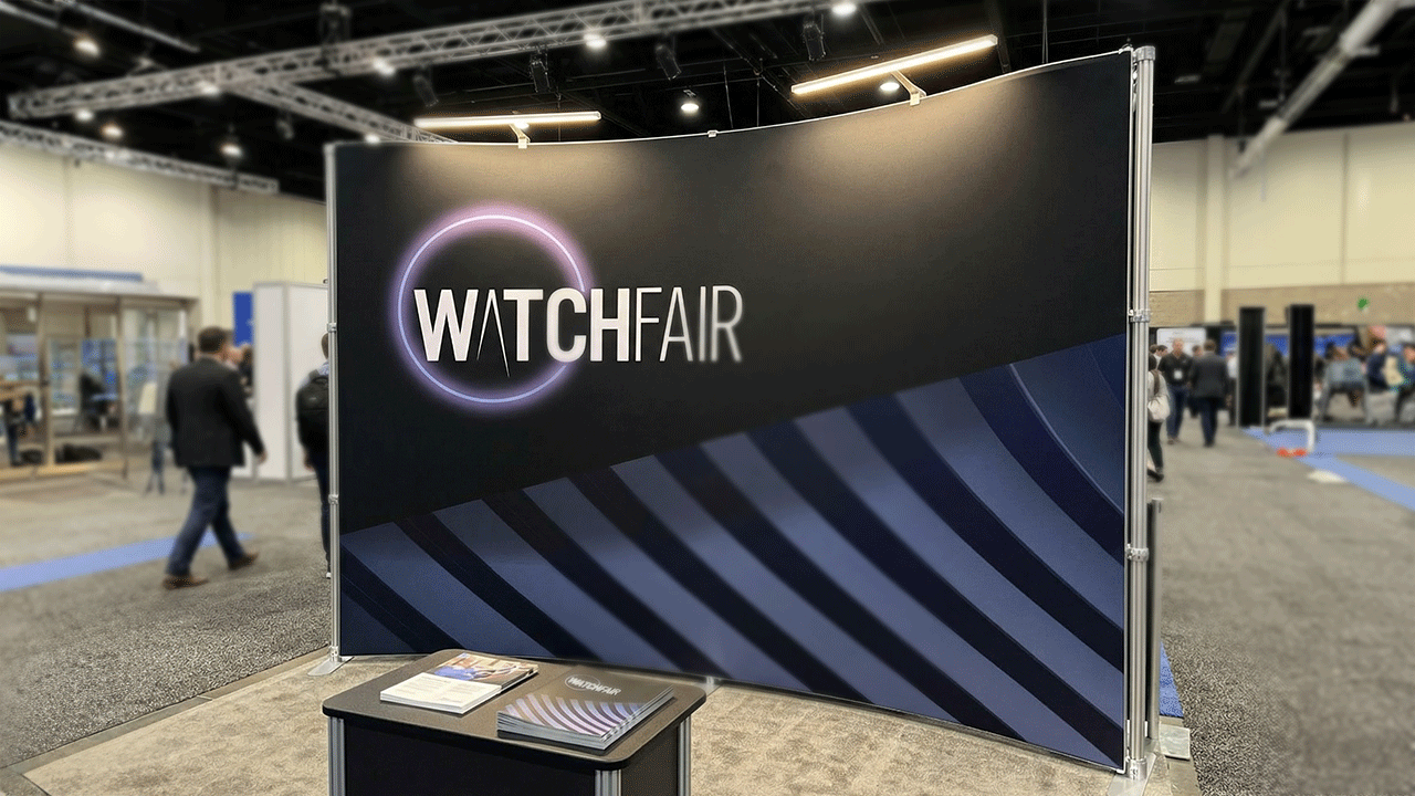 Custom printed curved booth backdrop for trade show displays and events.