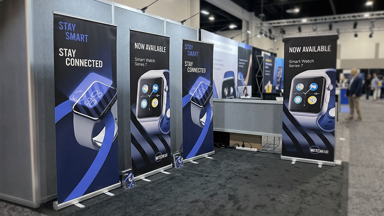 Retractable banner stands for a smartwatch product.