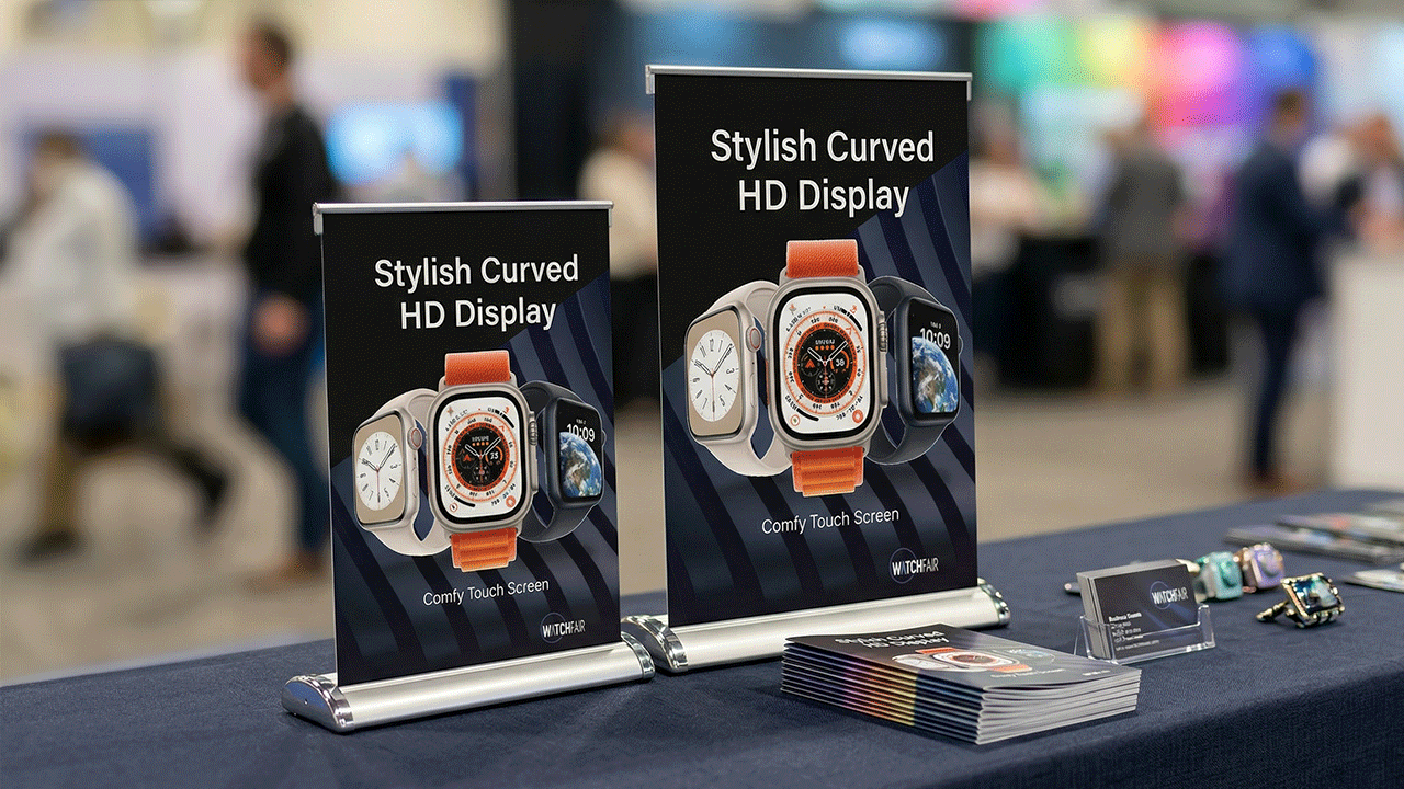 Tabletop display with mini banner stands showcasing smartwatch product features.