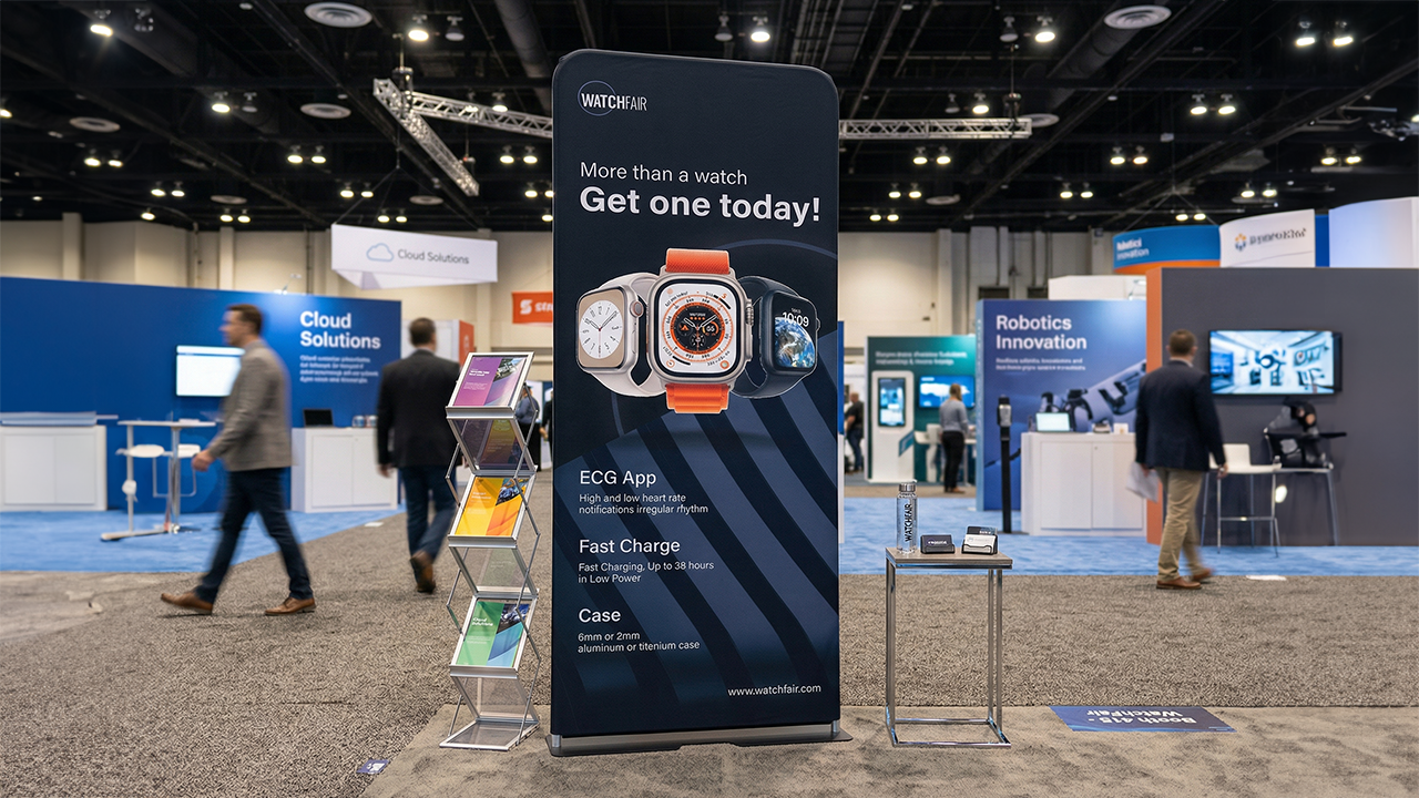 Tension fabric display stand featuring a "WatchFair" smartwatch advertisement at convention.