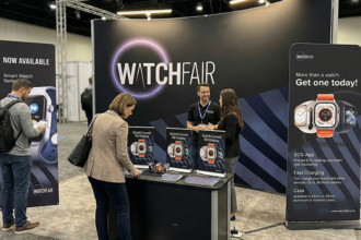 Portable trade show booth setup including custom printed backdrops and versatile banner stands for events.