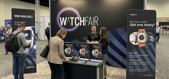 Portable trade show booth setup including custom printed backdrops and versatile banner stands for events.