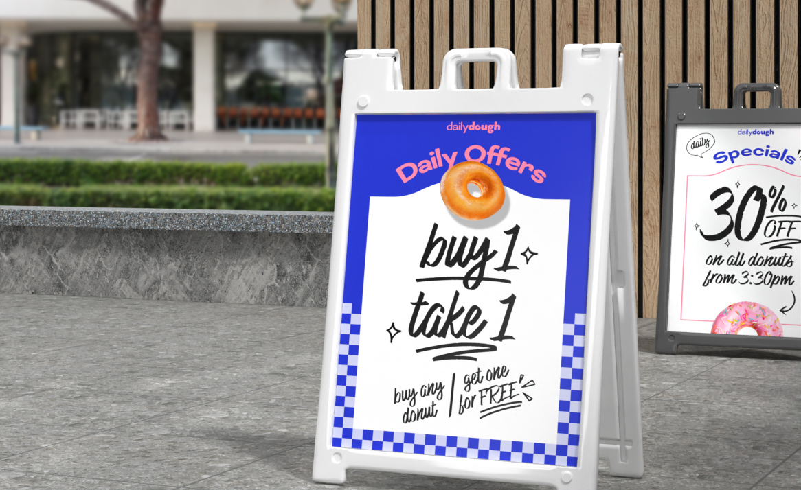 Dry erase signicade a-frame with text and pattern design.