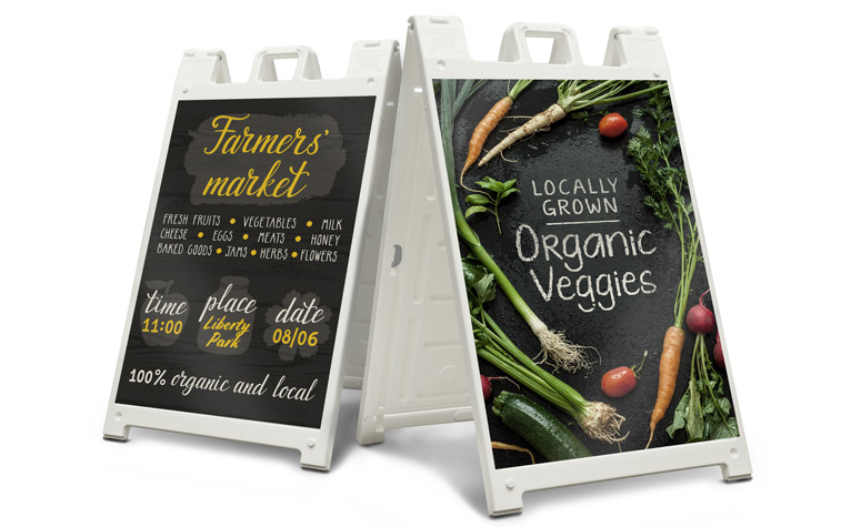 Two white a frame Double sided Farmer's Market Advertisement White Background