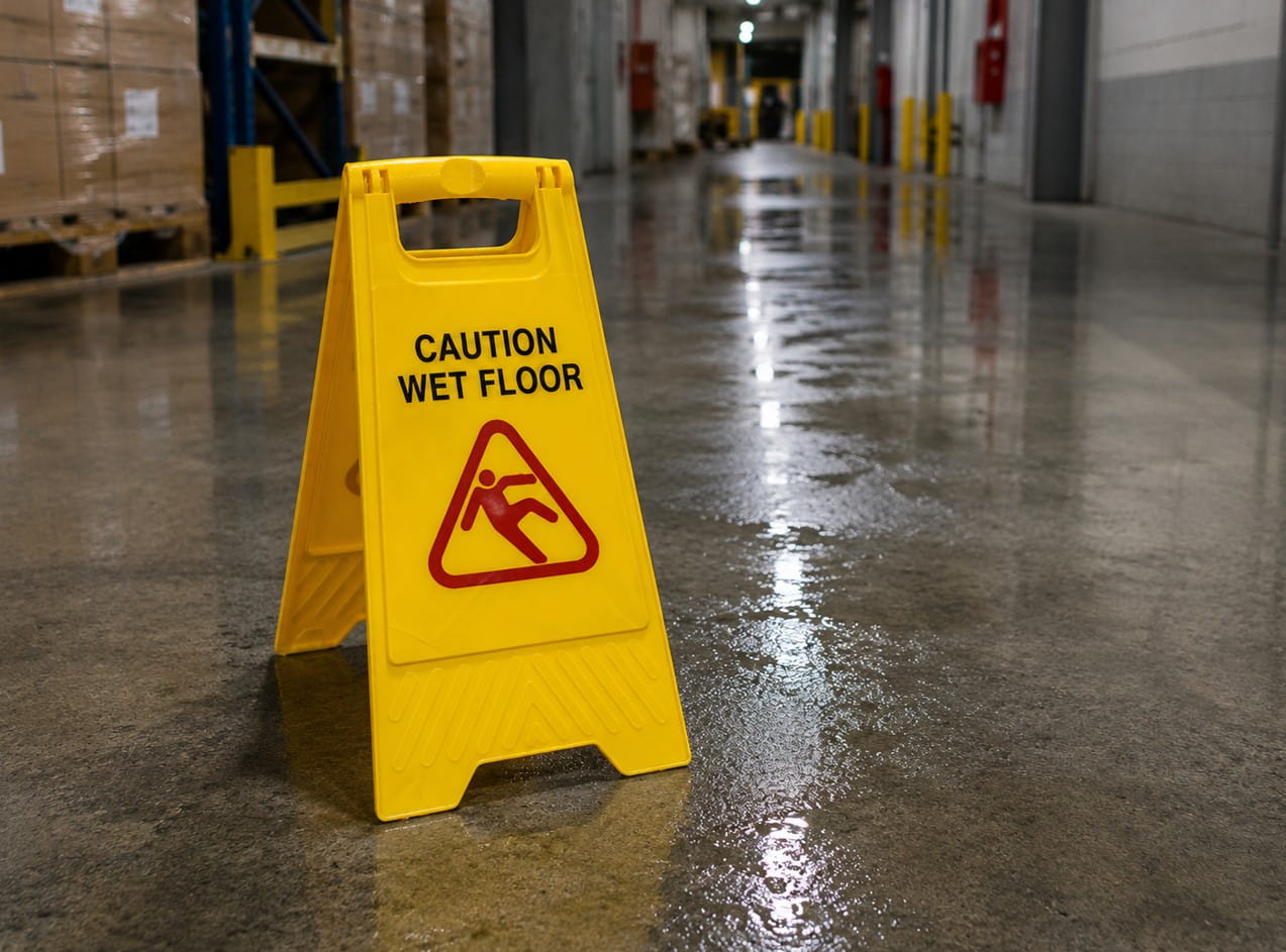 Yellow wet floor caution sign in a warehouse aisle