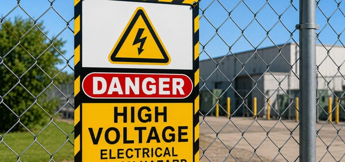 High voltage danger sign on a chain-link fence
