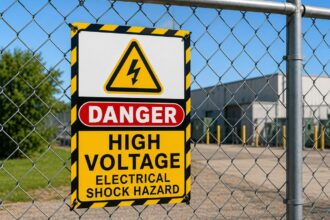 High voltage danger sign on a chain-link fence