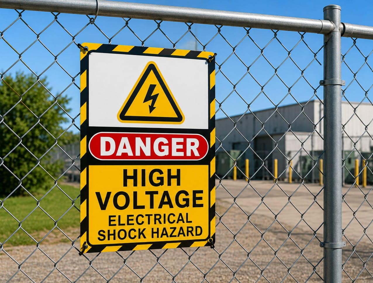 High voltage danger sign on a chain-link fence
