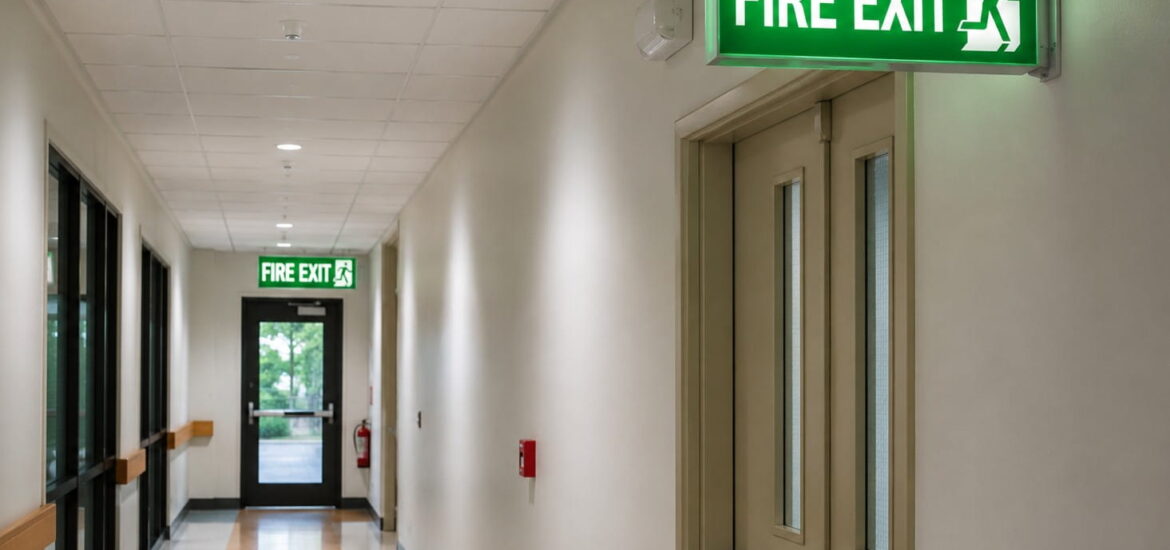 Bright green “FIRE EXIT” sign above doors in a clean indoor hallway, with another exit sign visible farther down the corridor.