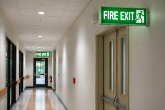 Bright green “FIRE EXIT” sign above doors in a clean indoor hallway, with another exit sign visible farther down the corridor.