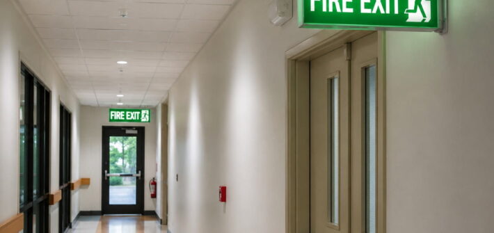 Bright green “FIRE EXIT” sign above doors in a clean indoor hallway, with another exit sign visible farther down the corridor.