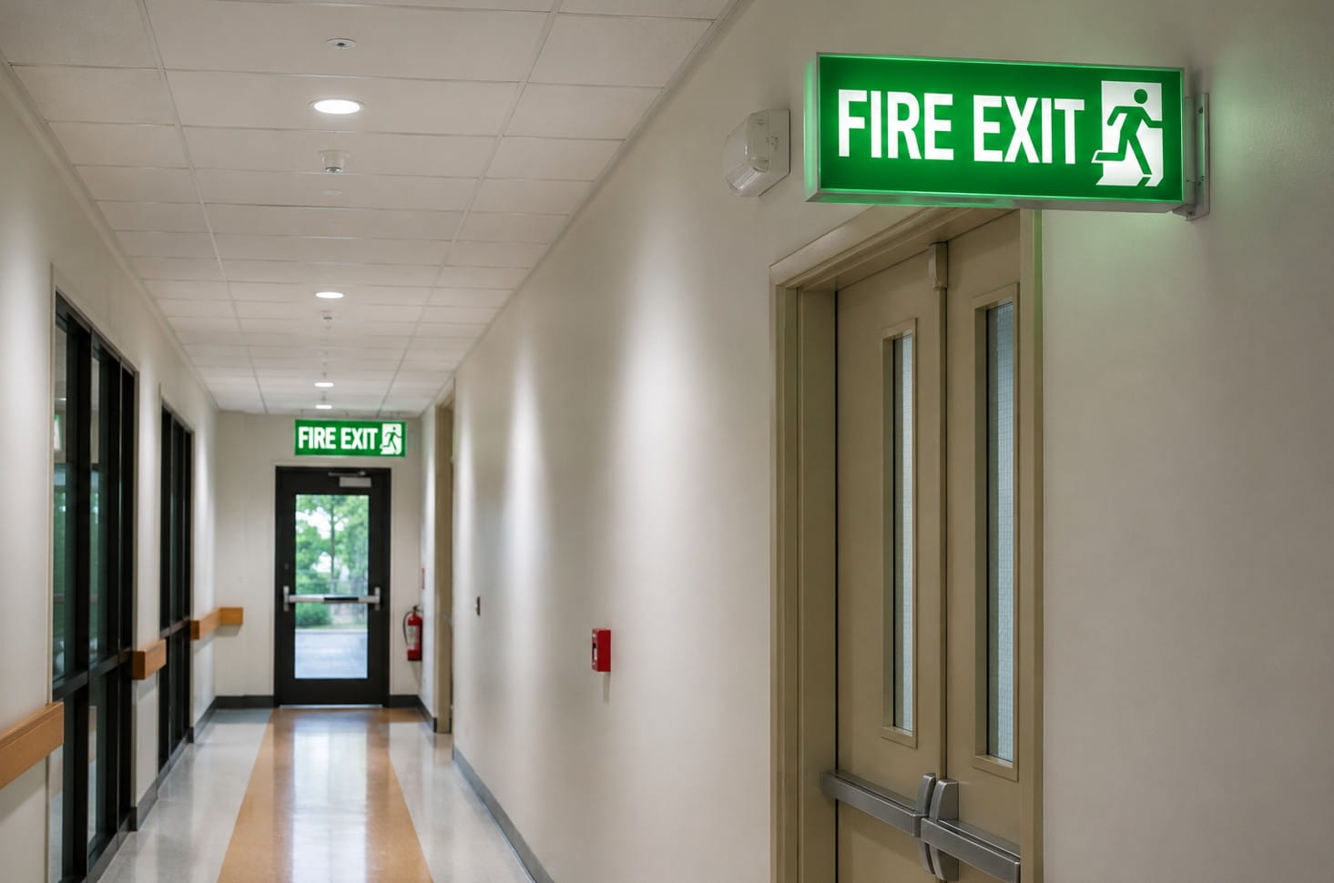 Bright green “FIRE EXIT” sign above doors in a clean indoor hallway, with another exit sign visible farther down the corridor.