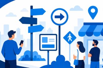 Illustrated city scene with pedestrians and blue public signage, including directional signs, crosswalk symbols, and storefront wayfinding graphics.