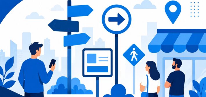 Illustrated city scene with pedestrians and blue public signage, including directional signs, crosswalk symbols, and storefront wayfinding graphics.