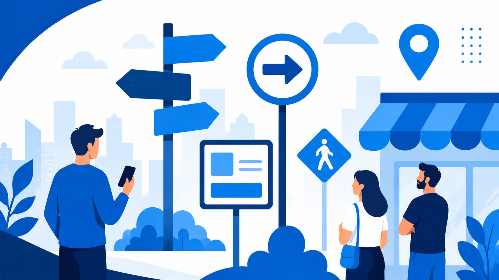 Illustrated city scene with pedestrians and blue public signage, including directional signs, crosswalk symbols, and storefront wayfinding graphics.