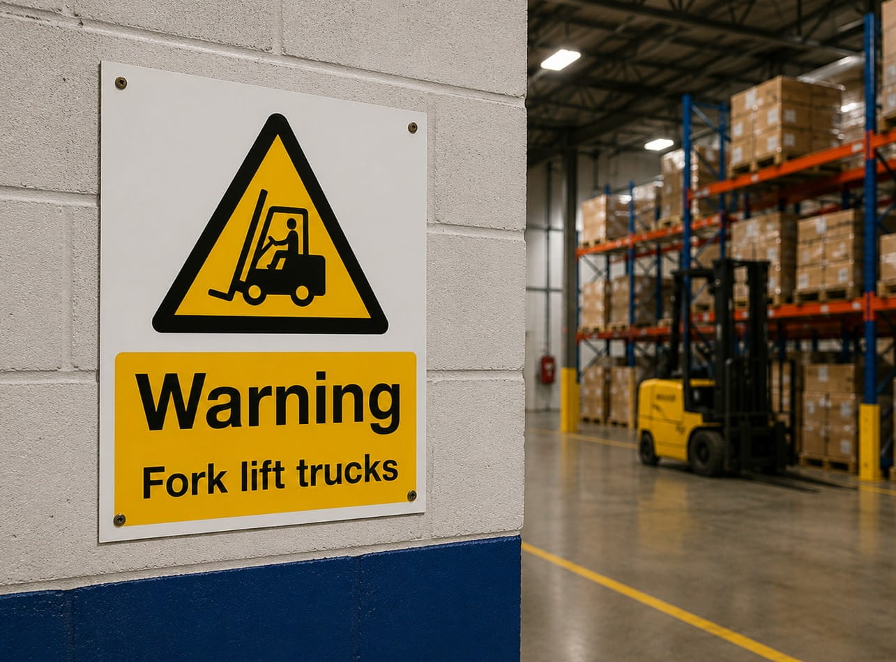 Forklift warning sign on a warehouse wall
