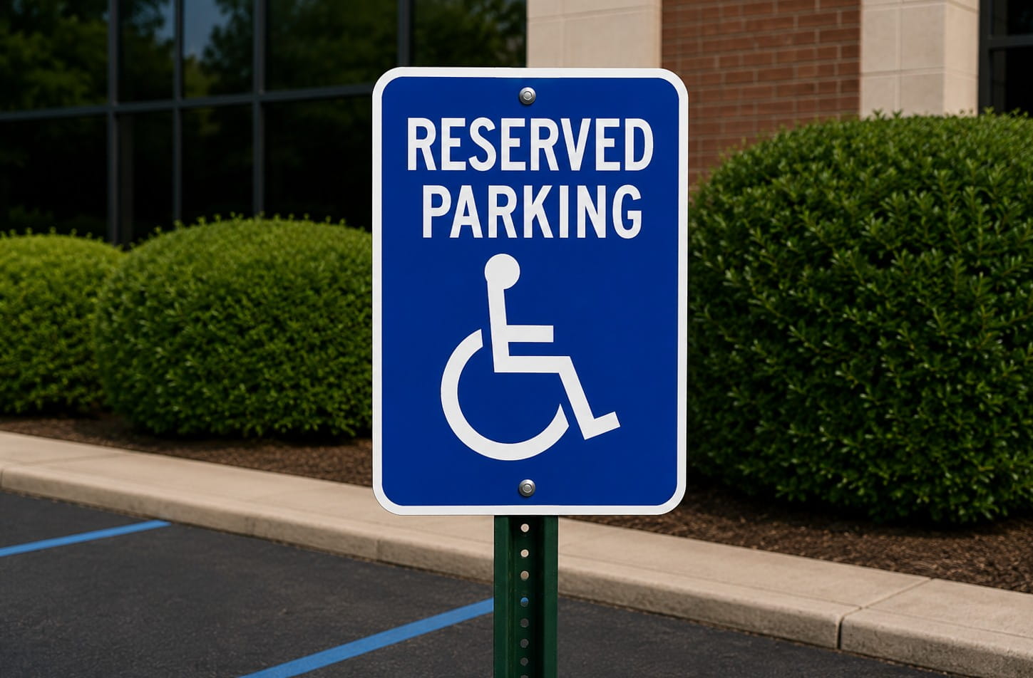 Blue reserved parking sign with a white wheelchair accessibility symbol.