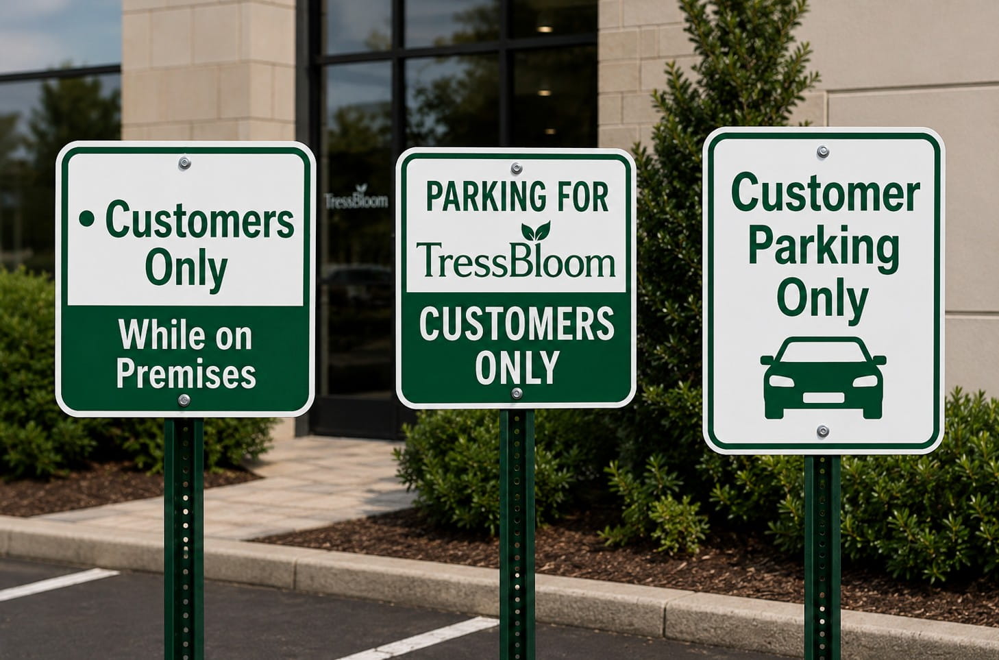 Three green and white parking signs restricting vehicle parking to customers only.