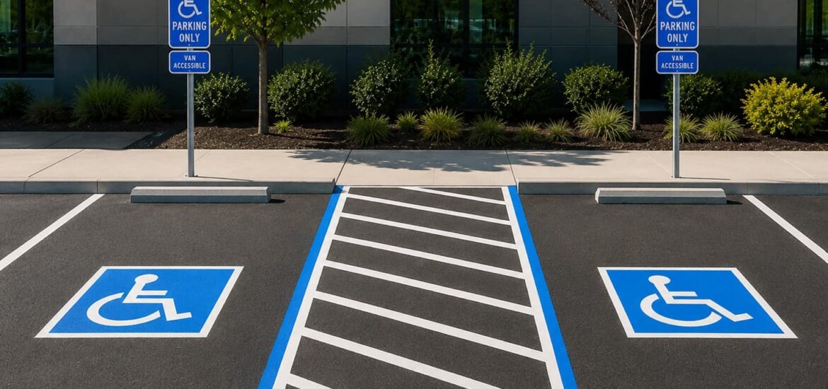 Two accessible parking spaces sharing a striped access aisle