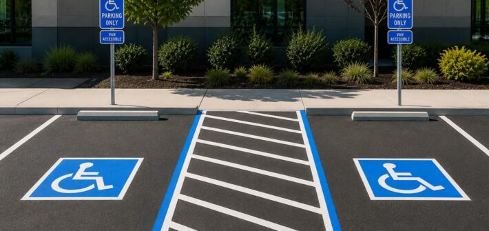 Two accessible parking spaces sharing a striped access aisle