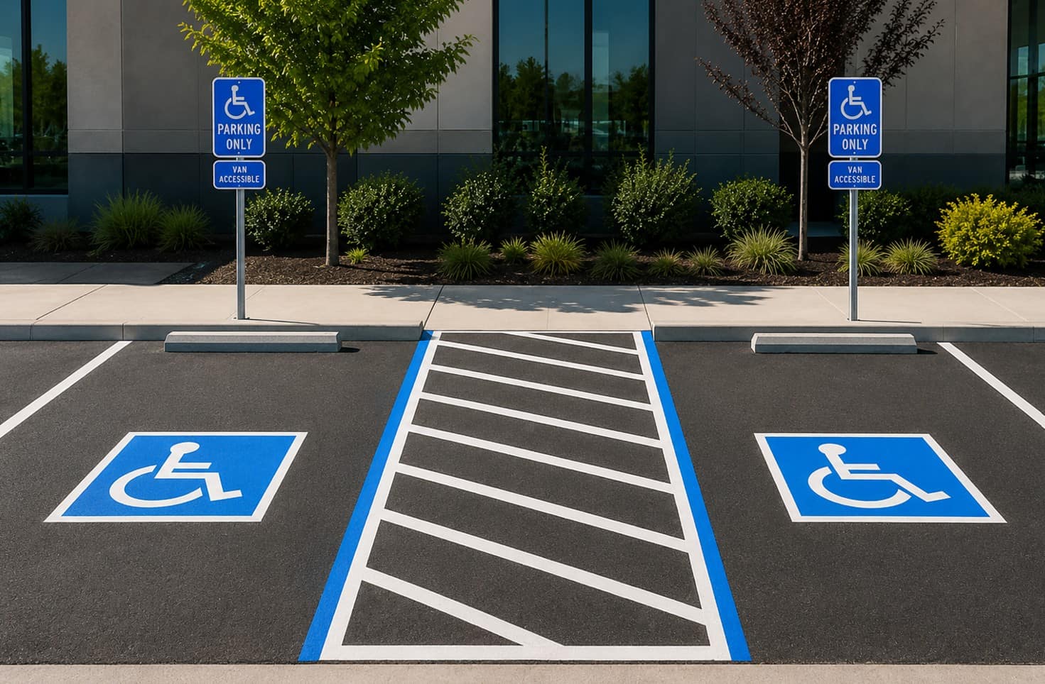 Two accessible parking spaces sharing a striped access aisle