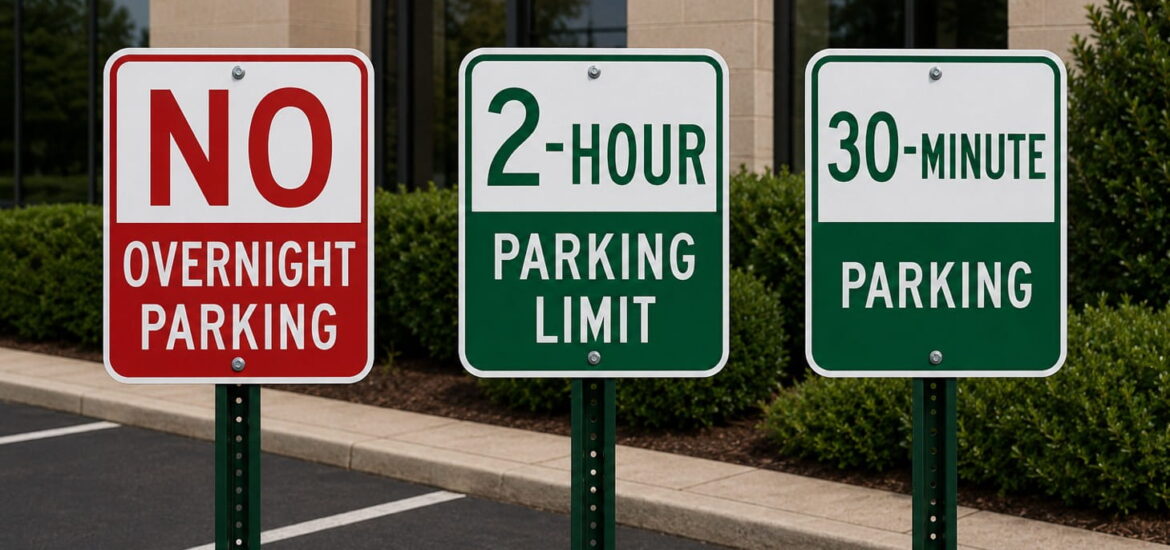 Row of parking regulation signs displaying specific time limits and restrictions.