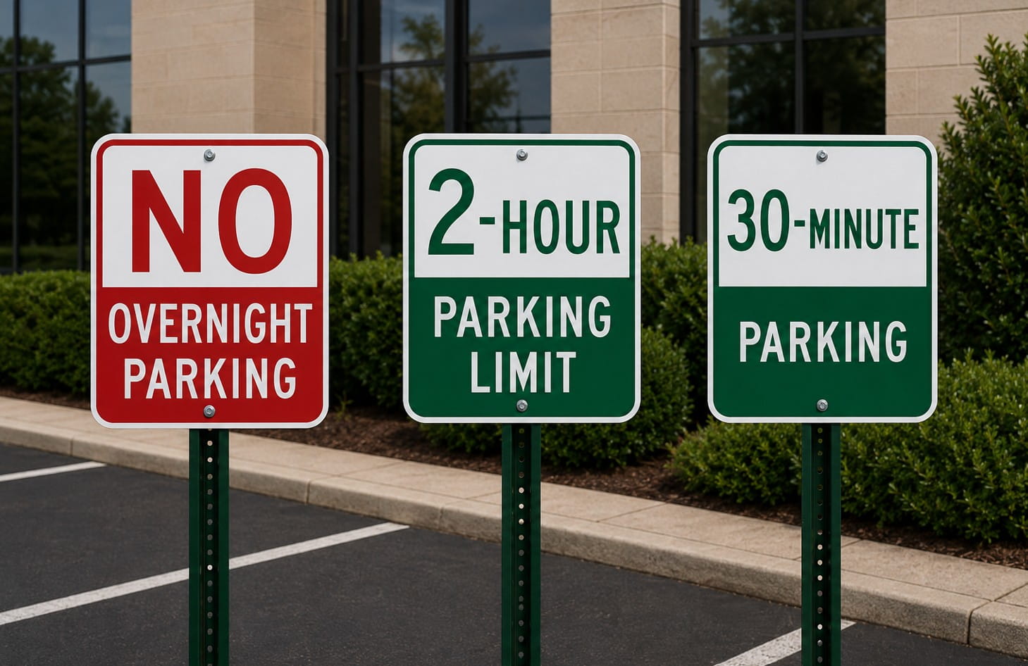 Row of parking regulation signs displaying specific time limits and restrictions.