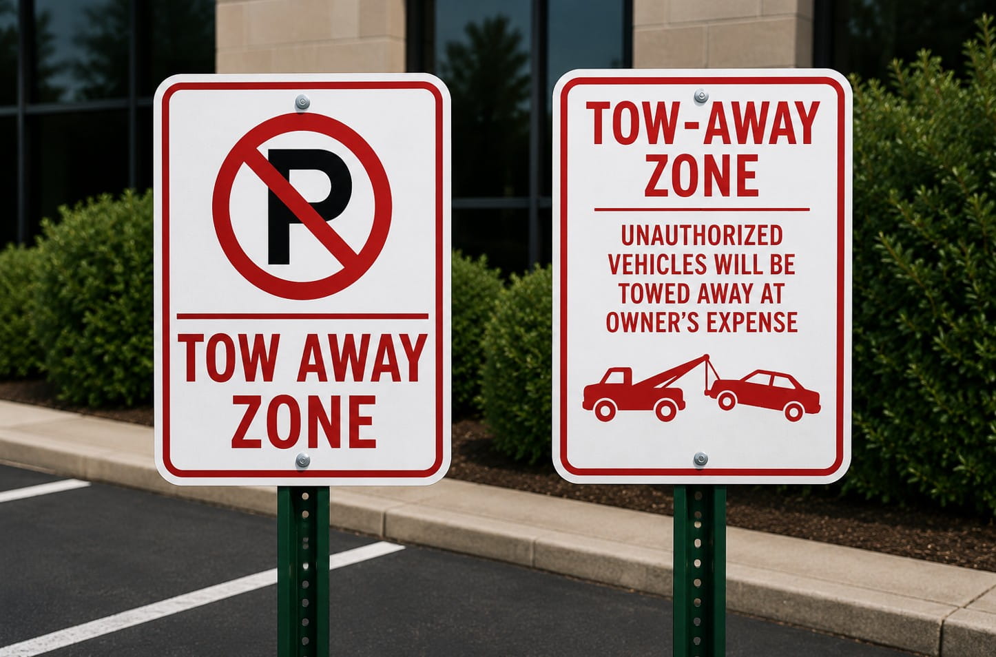 Two warning signs marking a strictly enforced tow-away zone.