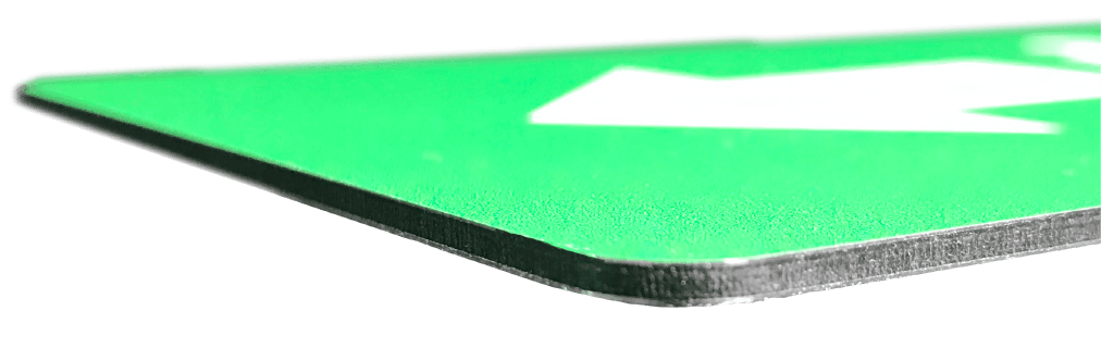 Angled aluminum sign showing two aluminum sheets with polyethylene core